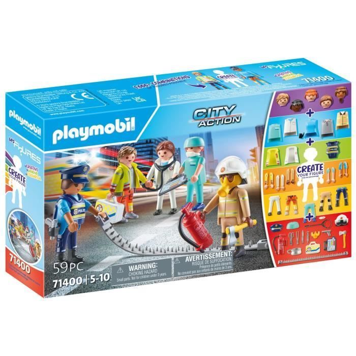 PLAYMOBIL Mijn Figuren Alledaagse Helden - 71400 - Politieagent, Brandweerman, Dokter, Reddingswerker - Stadsactie - Leeftijd 5+ - 59 onderdelen
