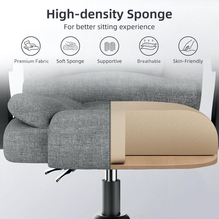 Silla de oficina BIGZZIA, sillón con asiento ancho acolchado, asiento ergonómico de tela de lino, altura ajustable 10 cm, gris oscuro.