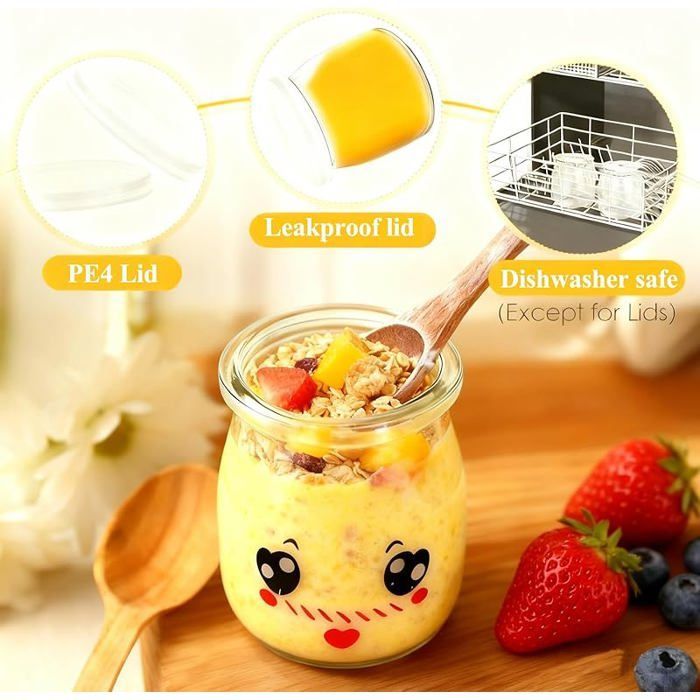 10 Pot de Yaourt vide Pot Yaourt en Verre avec Couvercle hermétique petit Pot de Yaourt emoticone pour Multicuiseur