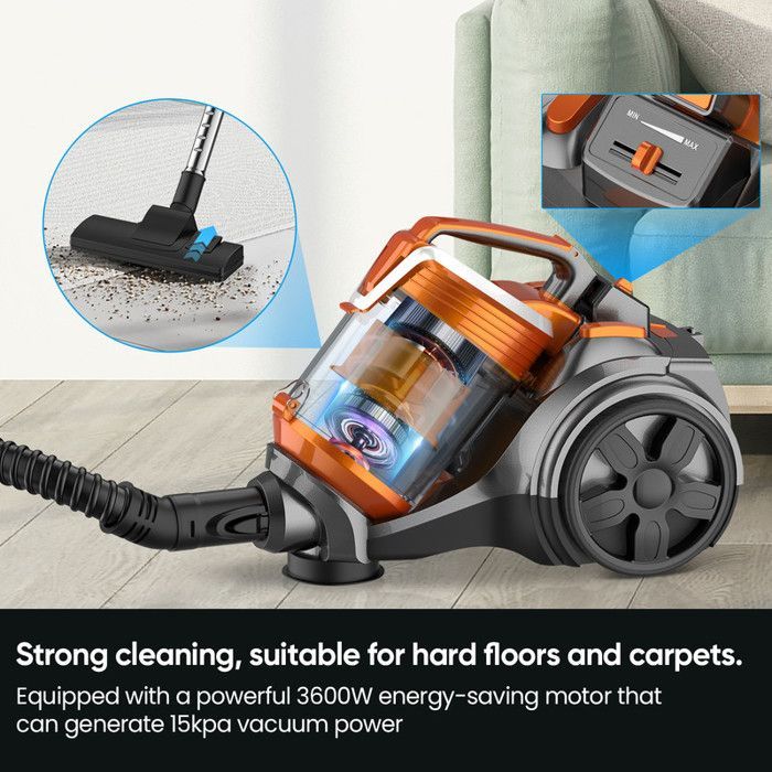Powerful 3600W Bagless Vacuum Cleaner, 15000Pa Suction, Corded Canister Vacuum with 5M Cable, Multifunctional + 2-in-1 Brush, Deep Cleaning
