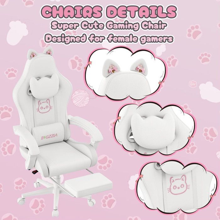 Chaise Gaming - Chaise Bureau Ergonomique - Support Lombaire Massage - Repose-pied - 135°Dossier inclinable - jusqu'à 130Kg - Blanc