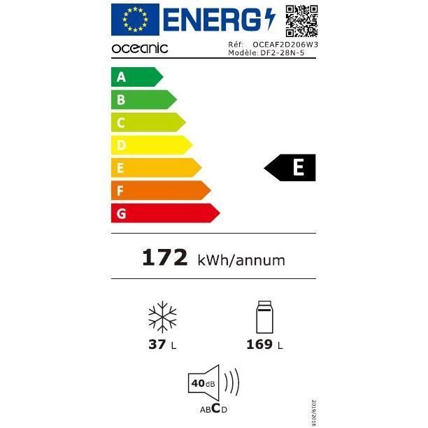 Réfrigérateur congélateur haut OCEANIC OCEAF2D206W3  - 2 Portes -  206L - Froid statique - Blanc