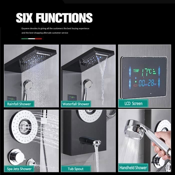 Colonna doccia nera JULLYBATHEVY con pannello doccia a LED, doccetta e sistema doccia con 5 getti idromassaggio.