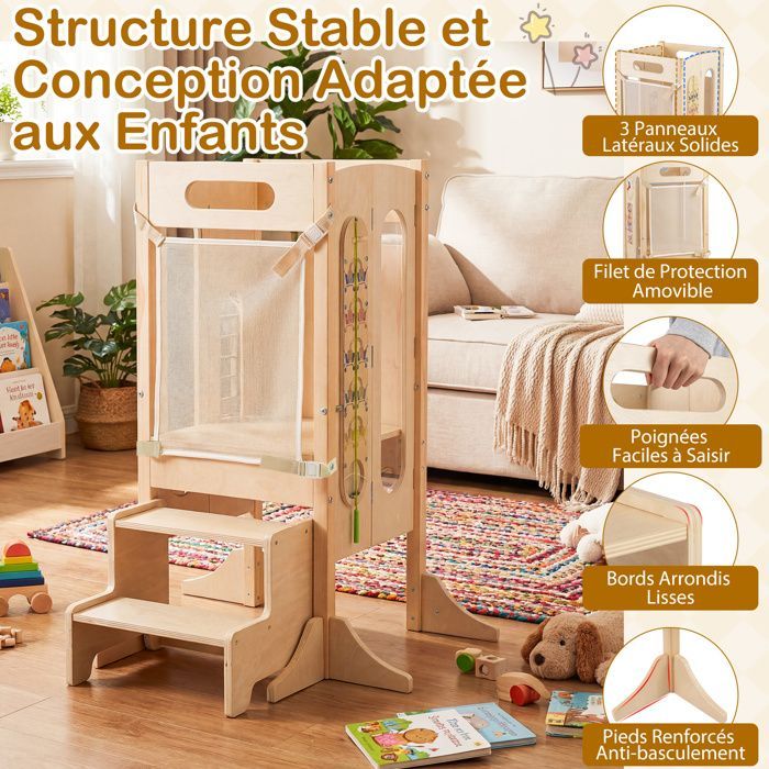 Torre de aprendizaje de madera COSTWAY para niños con escalones de 2 peldaños, pizarra y red de seguridad, para mayores de 3 años, color natural.