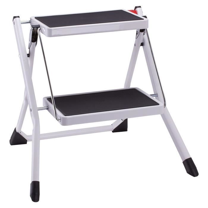 Marchepied à 2 Marches Pliable Escabeau Métallique Antidérapante Marche 30 x 20 cm, Capacité 150 kg 50 x 49 x 45 cm Blanc