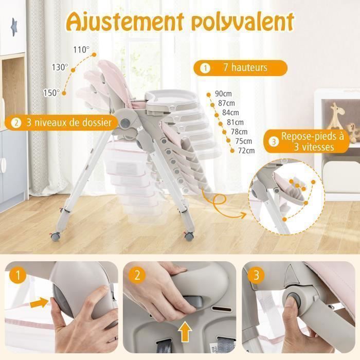 Silla alta plegable para bebé COSTWAY con respaldo reclinable, altura ajustable, bandeja extraíble sin BPA, apta para bebés de 6 meses en adelante, 4 ruedas giratorias, color rosa.