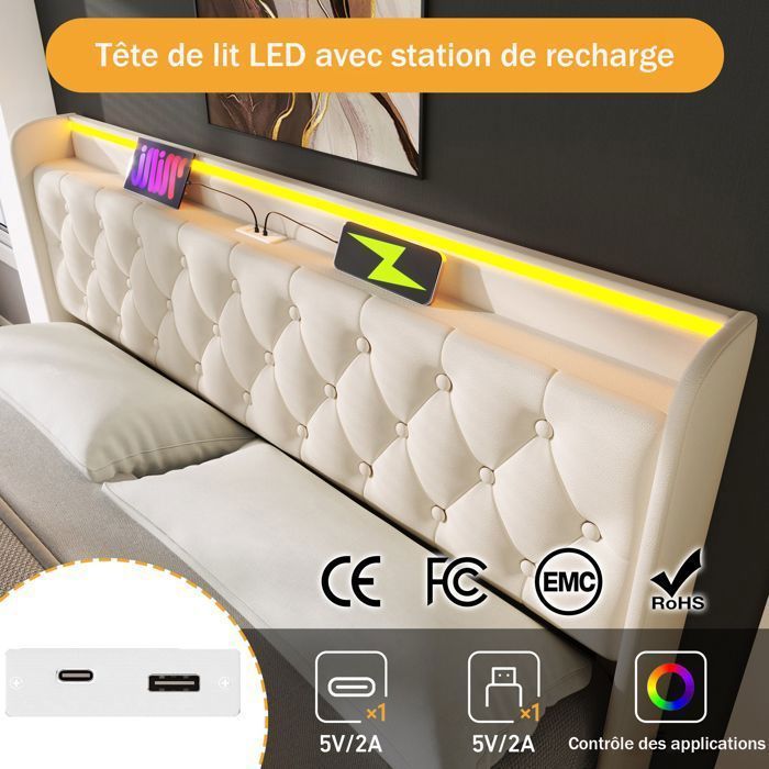 Valkoinen säilytyssänky 180*200 cm, parisänky, king size -sänky, pehmustettu sängynpääty USB-C-liitännällä ja 360 surround LED -toiminnolla, PU