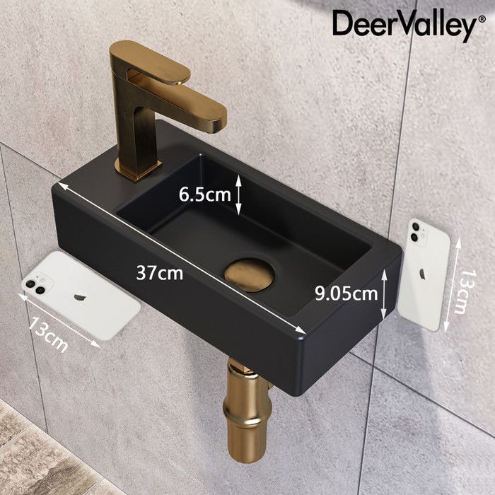 Lavabo rectangular pequeño de cerámica negra mate para espacios reducidos (lado izquierdo), DV-1V0091L - DeerValley