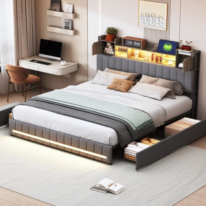 Letto 140x190cm - PERGAR - Con 4 cassetti - Testiera con contenitore - Luci LED e USB - Lino grigio