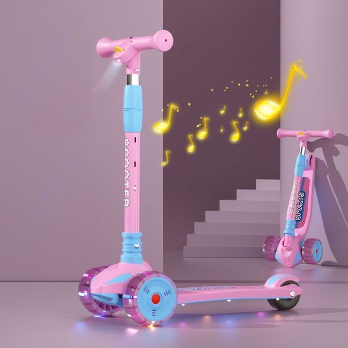 Trottinette Enfants avec Lumières et Musique Pliable Hauteur Réglable Roues Larges Capacité Max 100 kg, Rose