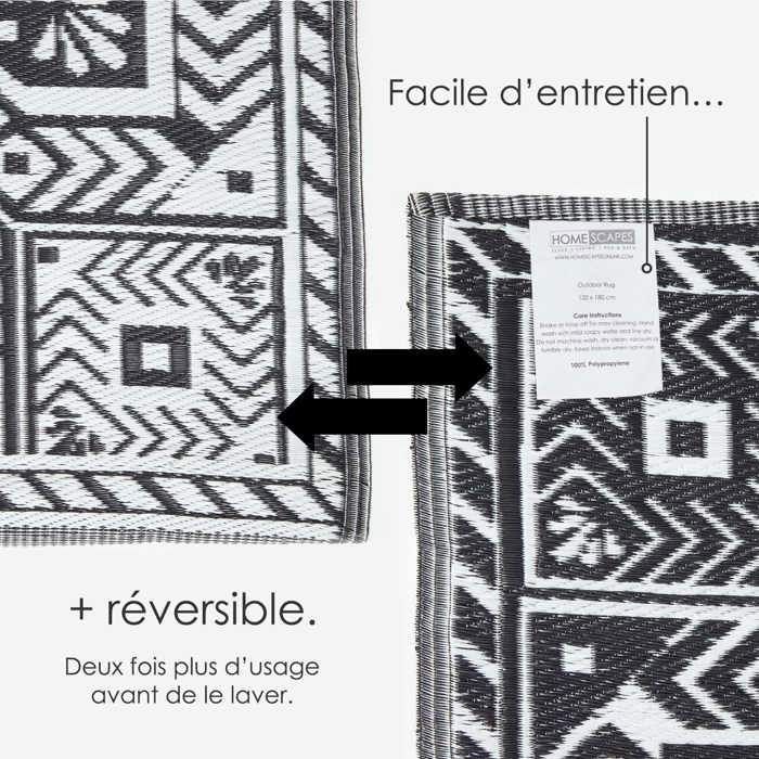 Tapis extérieur jardin imperméable, réversible et résistant UV - Noir et blanc - Géométrique - 182 x 122 cm