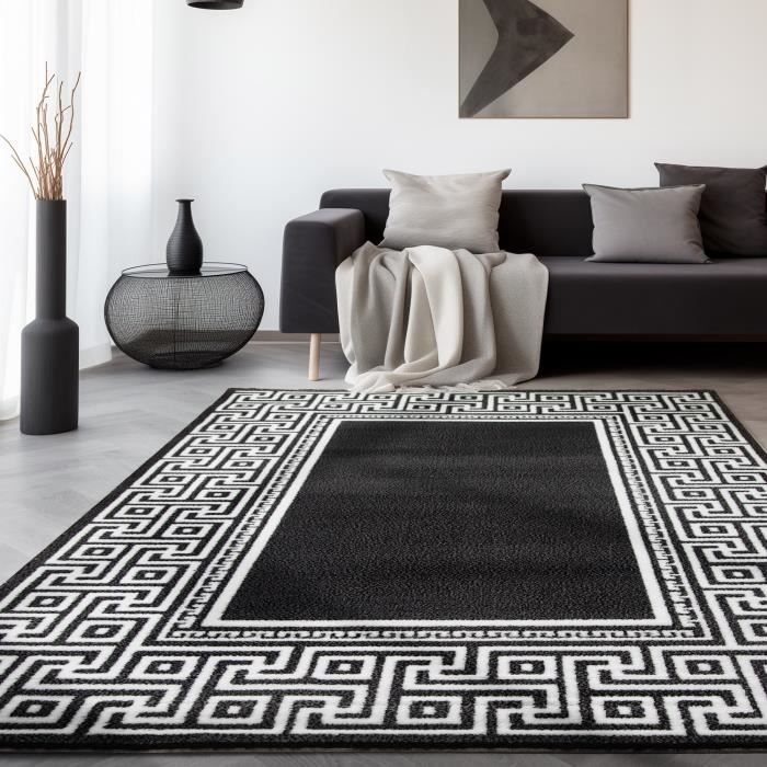 Alfombra de salón con estampado griego - Marca - Modelo - Pelo corto - Negra - 160x230 cm