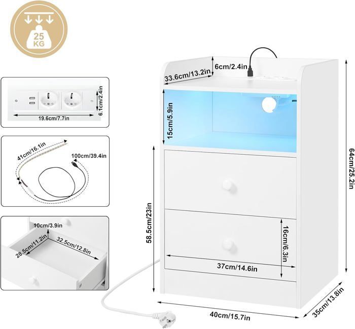 Juego de 2 mesitas de noche WOLTU con luz LED, mesa auxiliar con estación de carga, enchufes y puertos USB, color blanco W0ETT0150-2