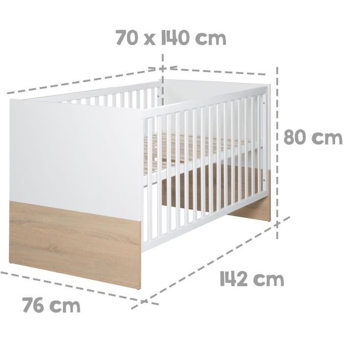 Conjunto completo de dormitorio infantil: cuna convertible de 70 x 140 cm + cambiador + armario de 3 puertas - ROBA - Acabado bicolor blanco/roble claro