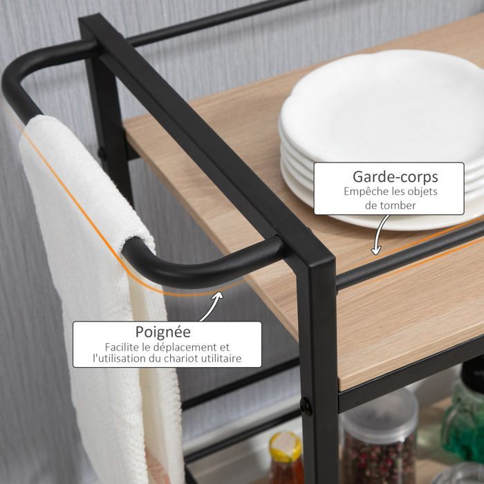 HOMCOM kitchen trolley with wheels, 2 shelves, metal frame and wood-look finish - dimensions 82L x 40W x 75H cm
