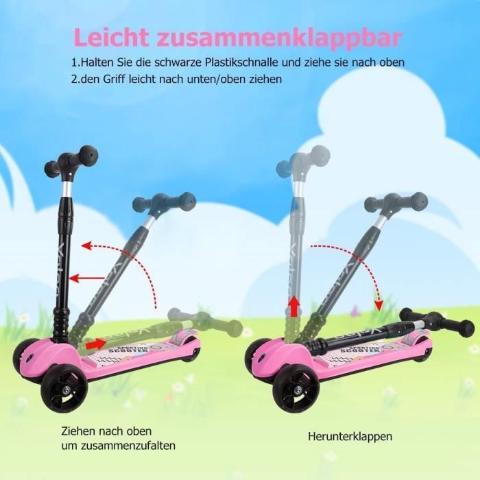 Trottinette 3 Roues Enfant YOLEO® Hauteur Réglable 65 à 78 cm Avec LED Roules Rose