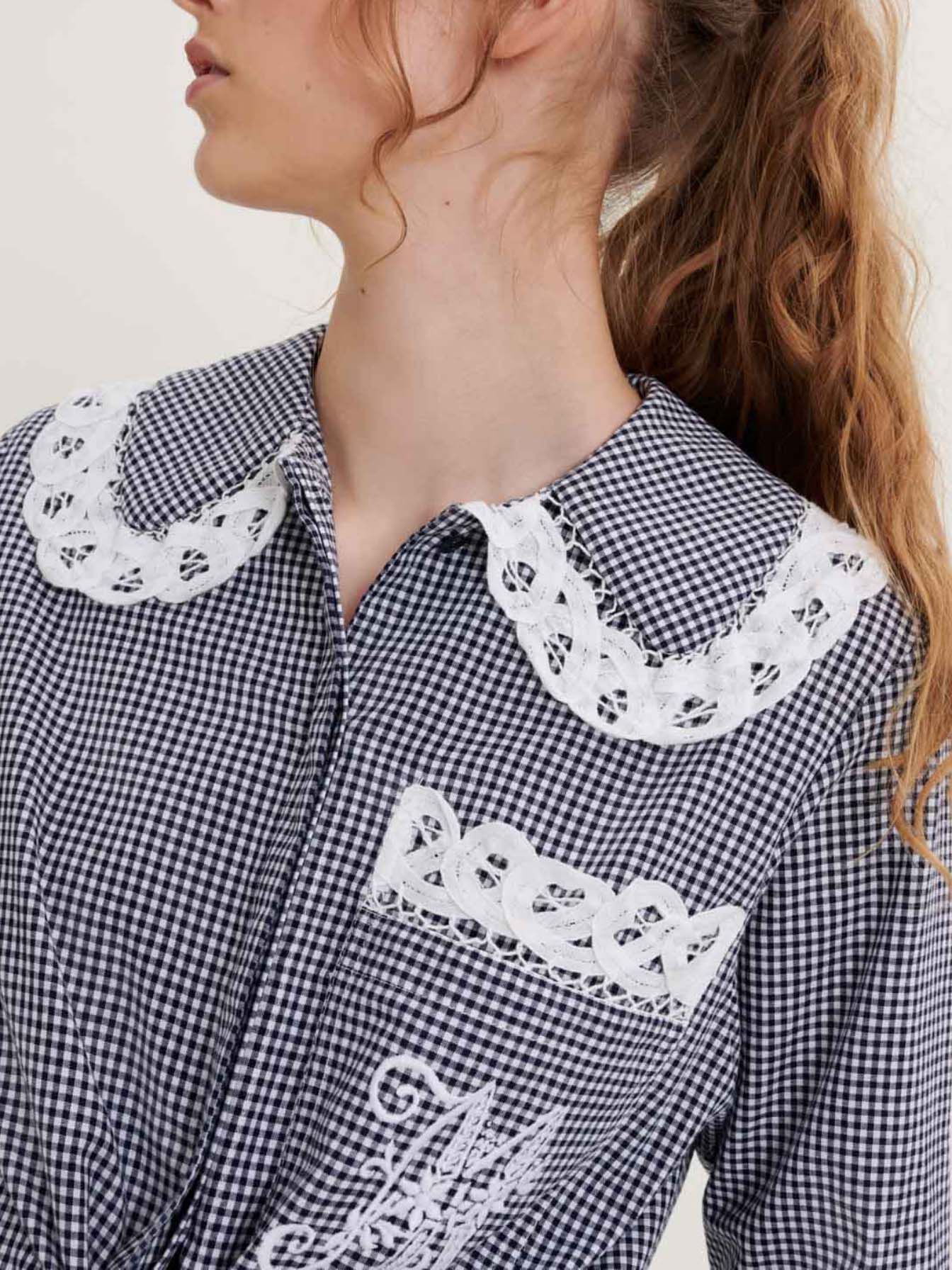 Gingham en kanten overhemd - Marineblauw/Ecru