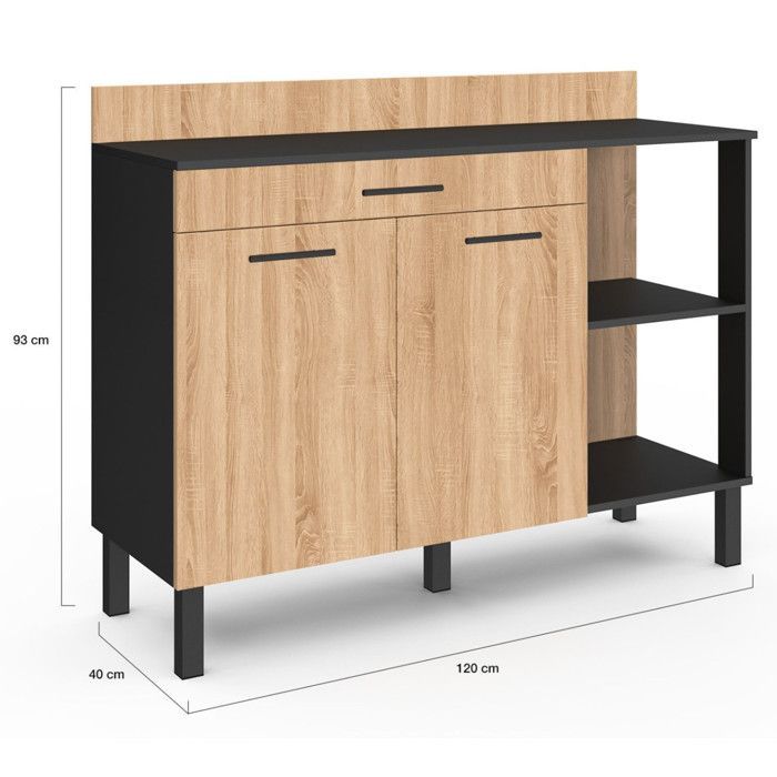 IDMARKET CINA Aparador bajo de cocina de 120 cm con encimera de 83 cm de altura, 2 puertas + cajón, color negro y efecto haya.