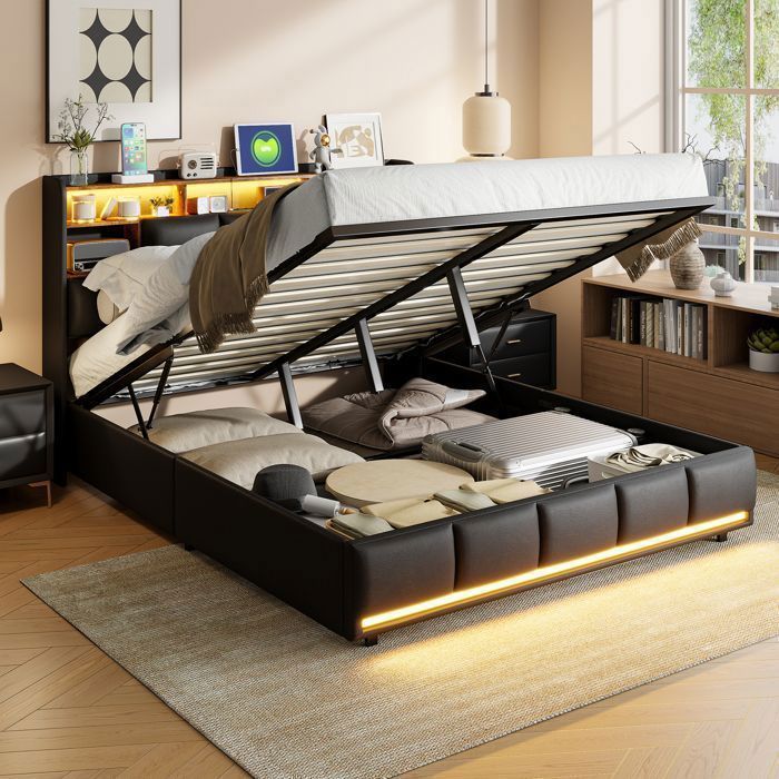 LED-bed met opbergruimte 140x200 cm met lattenbodem - 2 stopcontacten en 2 USB-poorten - PU-leer - Gestoffeerd bed - Hoofdbord met opbergruimte - Bed voor volwassenen/tieners - Zwart