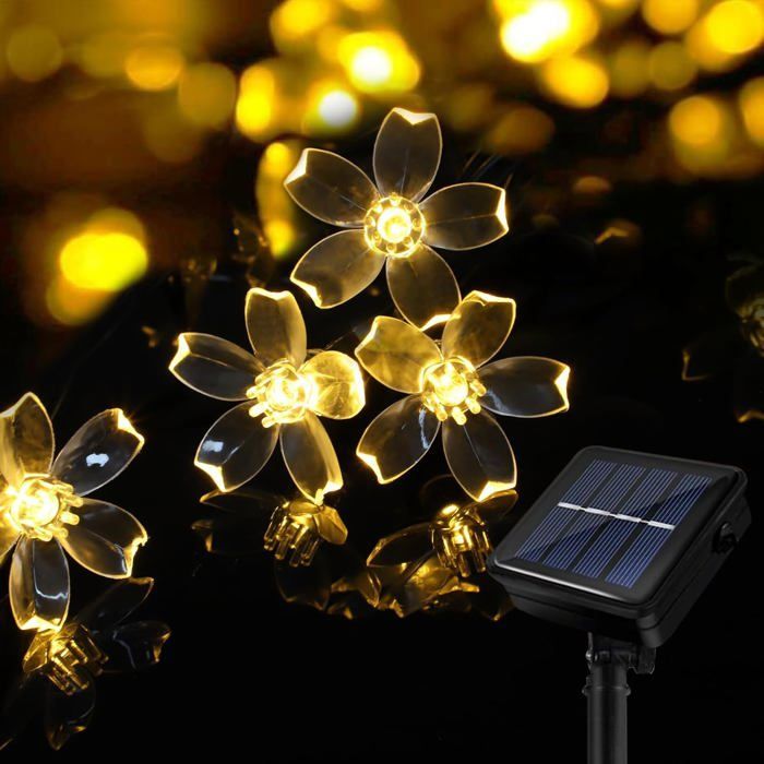 Cordão de luzes solares para exterior, luzes LED à prova d'água em formato de flor, 40 LEDs, à prova d'água, 8 modos (branco quente)