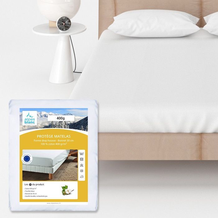 ALPES BLANC - Protector de colchón 140x190 cm - 100% algodón 400 g/m² - Suave y transpirable - Bolsillos de 30 cm de profundidad para un ajuste perfecto