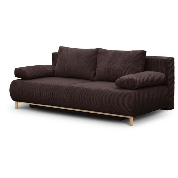 Sofá convertible de 3 plazas - MIKA - Pana marrón oscuro - Compartimento de almacenamiento - Ancho 192 x Alto 84 x Profundidad 93 cm