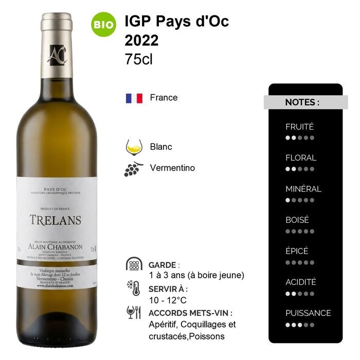 Domaine Alain Chabanon Trélans 2022 - Pays d'Oc - White Wine from Languedoc-Roussillon (6 x 75cl) Organic