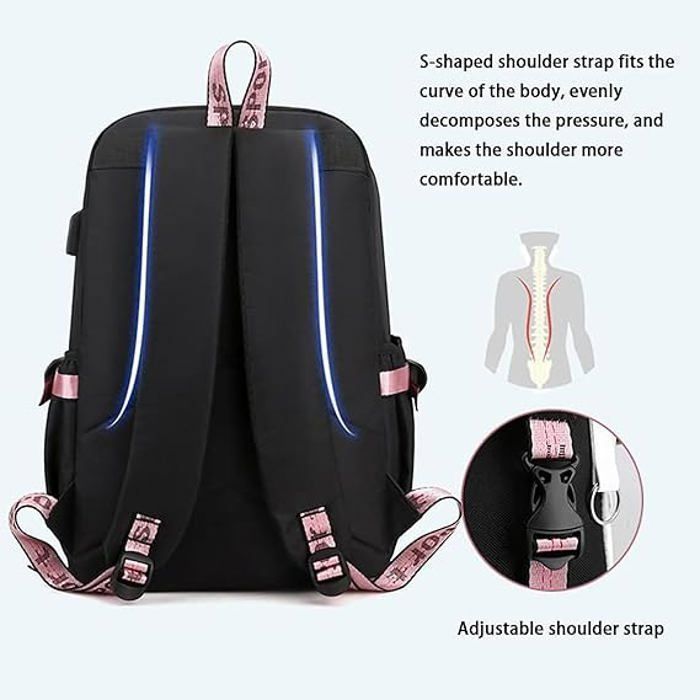Mochila infantil, mochila escolar, mochila escolar feminina, com porta USB e design fofo, azul + preto, 30
