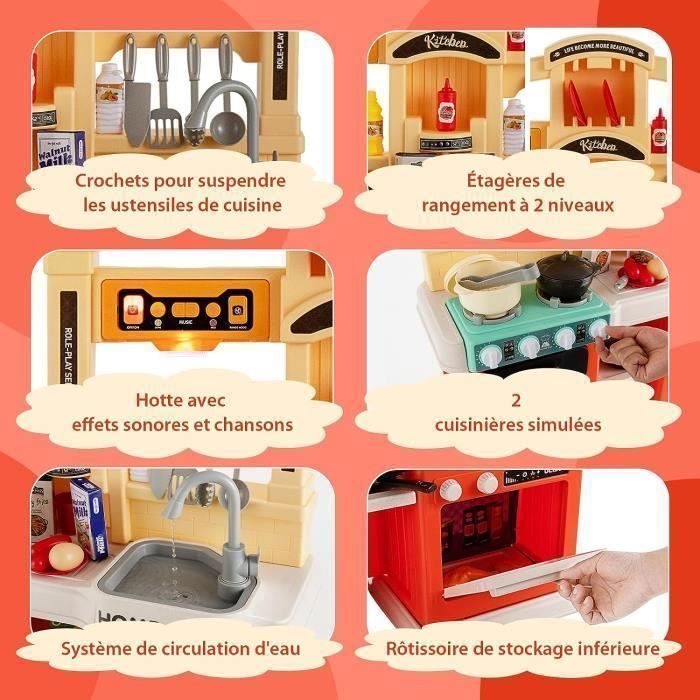 COSTWAY Kinderkeuken met 42 accessoires, speelkeukenset, realistische licht- en geluidseffecten, kerst- en verjaardagscadeau voor kinderen vanaf 3 jaar, oranje