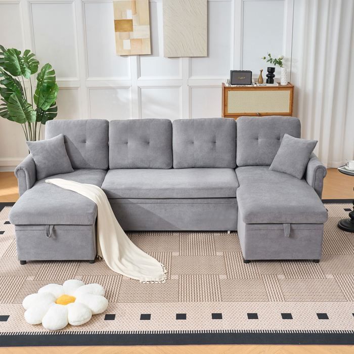 Sofá panorâmico conversível para 4/5 pessoas, com compartimento de armazenamento e função de cama, sofá em veludo em formato de U, cinza.