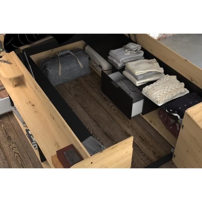 Cama con almacenamiento para adultos ODYSSEE - 140 x 190/200 cm - Con almacenamiento elevable - Acabado en roble y negro - 166,2 x 66,5 x 205,8 cm
