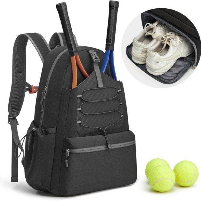 Waterproof tennis bag with compartment for shoes and rackets - Black