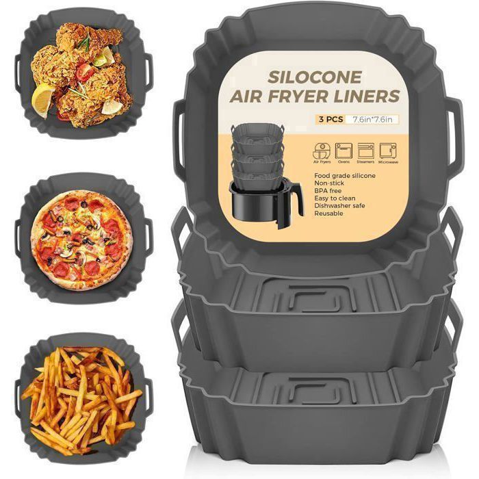 Set di 3 stampi per friggitrice ad aria, stampi in silicone riutilizzabili per friggitrice ad aria calda, adatti per microonde, forno, vaporiera ecc., colore grigio.