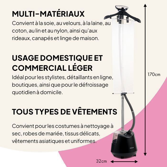 Défroisseur vapeur Fridja f1200 Pro 2200W – réservoir 3L, tige télescopique, semelle inox, accessoires