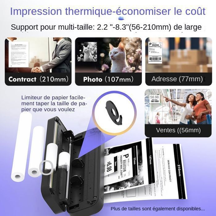 Imprimante thermique - imprimante portable - Bluetooth - sans encre - imprimante de tatouage, noire