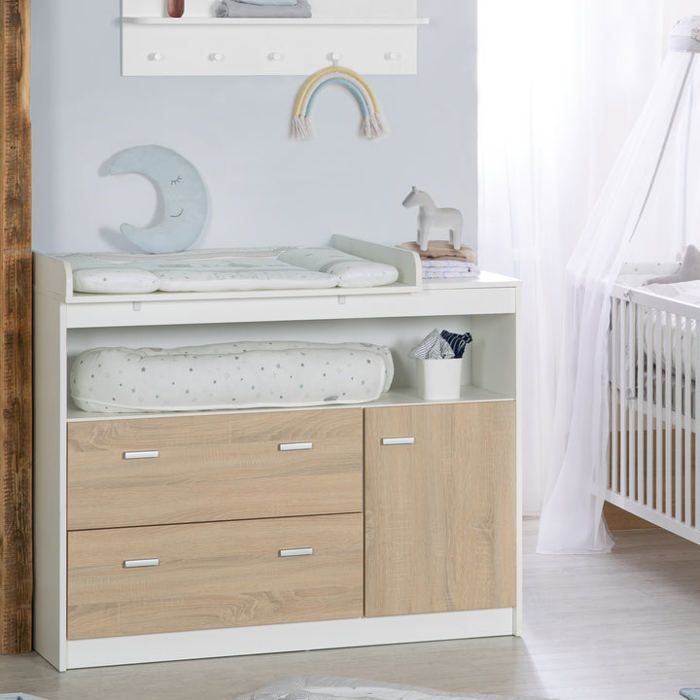 ROBA Gabriella Changing Table - 2 Drawers, 1 Door, 1 Open Compartment - White and Sonoma Oak Wood Effect