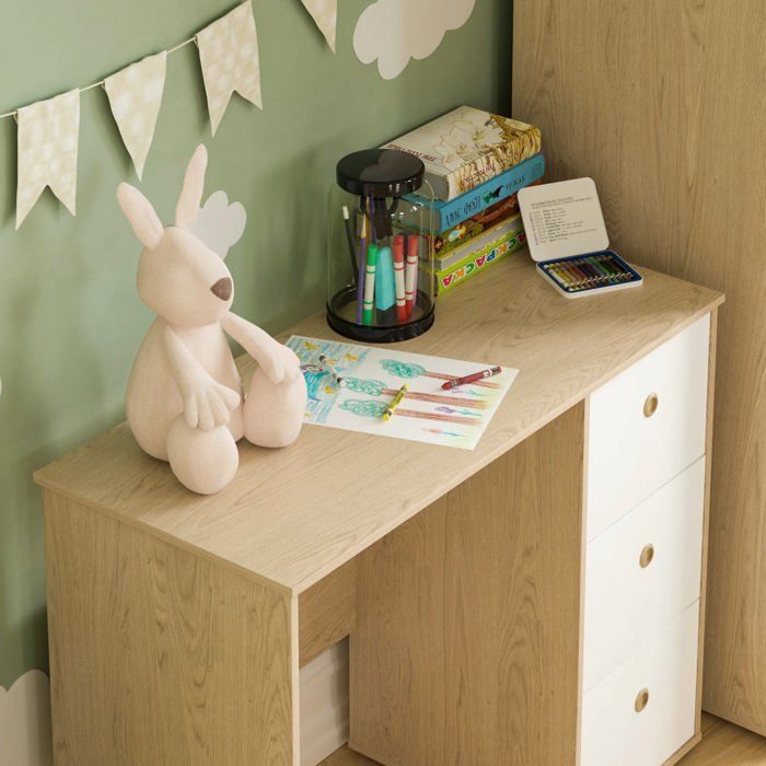 Bureau 3 tiroirs Neptune Blanc & Chêne Table d’ordinateur / Coiffeuse PC/Portable Bureau d’étude à domicile Meuble pour enfants