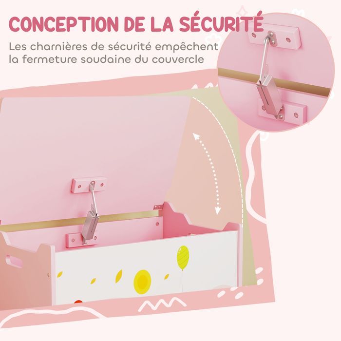 Coffre à jouet enfant - AIYAPLAY - couvercle rabattable, motif animal, charnières de sécurité - MDF - 60 x 37 x 39 cm - rose