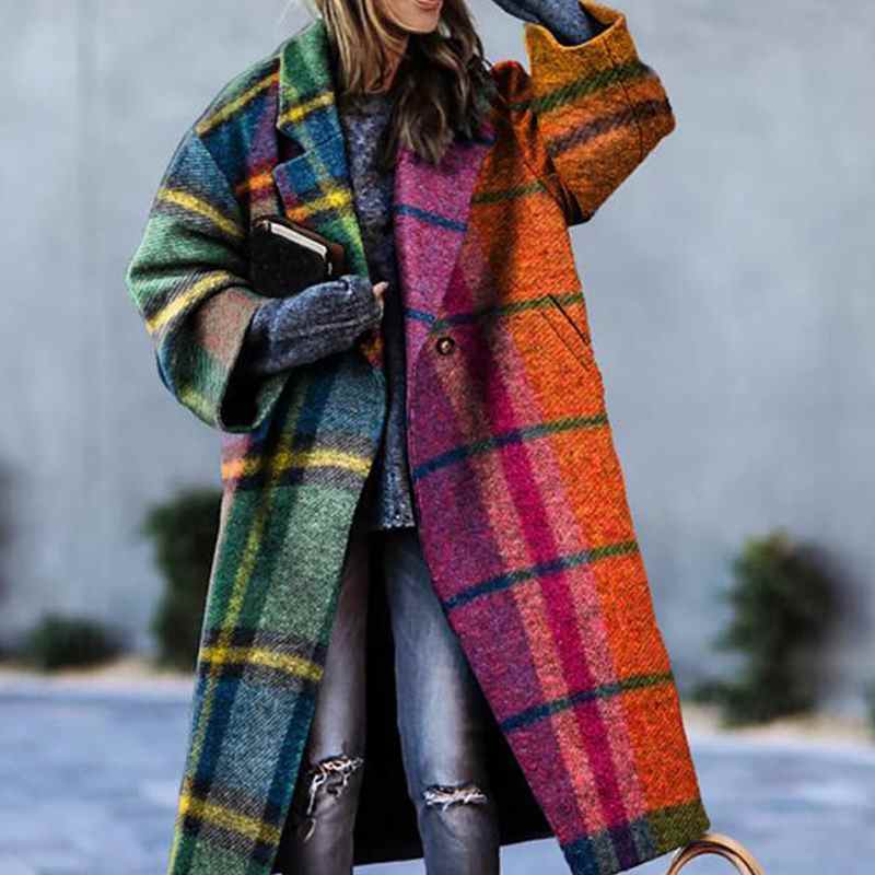 Dame Rutete Trykt Varm Ull Cardigan Høst Vinter Elegant Nedkraget Krage Yttertøy Kontordame Enkel Knapp Løs Frakk Mote