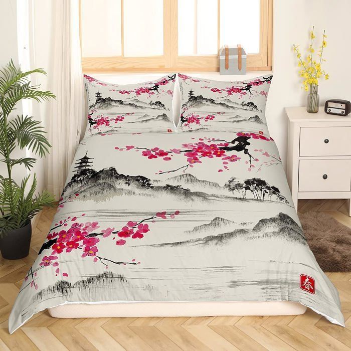 Juego de ropa de cama infantil con estampado de montaña, 140x200cm. Juego de funda nórdica vintage con pintura clásica de montaña.