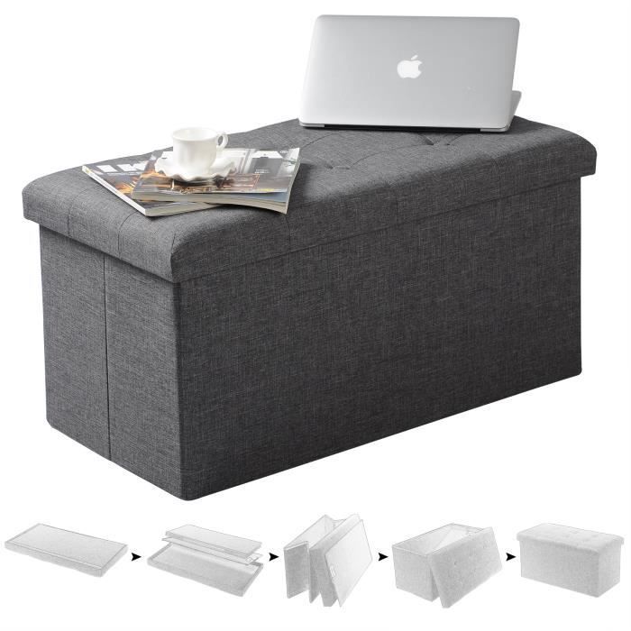 Banco/taburete plegable de lino WOLTU con tapa extraíble, caja de almacenamiento multifuncional, 76x37,5x38 cm, gris oscuro.