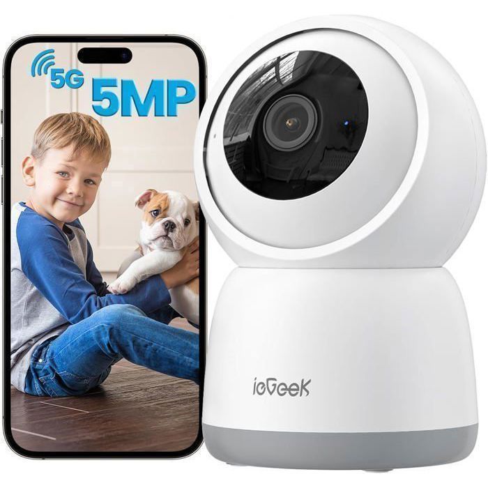 Cámara de seguridad WiFi cableada para interiores de 5 MP con audio bidireccional, sirena, alarma, PTZ de 360°, seguimiento automático y visión nocturna.