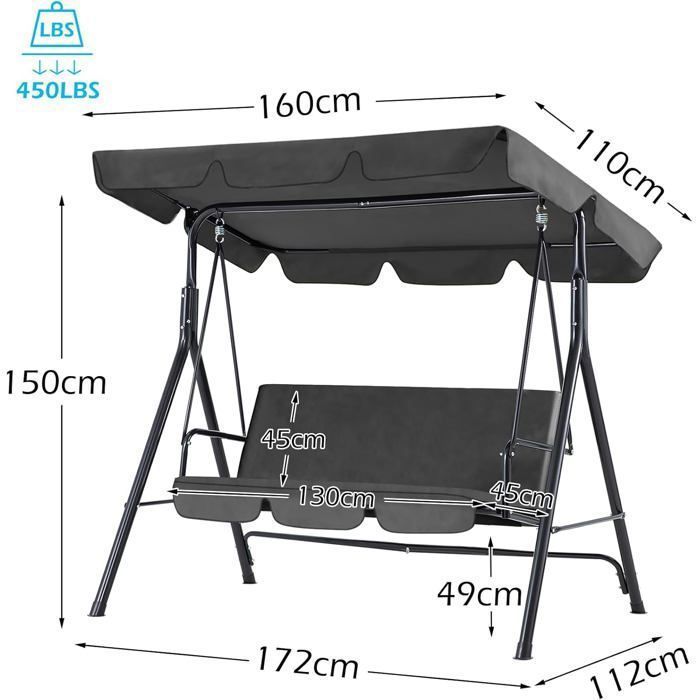 Columpio de jardín YODOLLA de 3 plazas con toldo ajustable - 172 x 112 x 150 cm - Metal - Gris