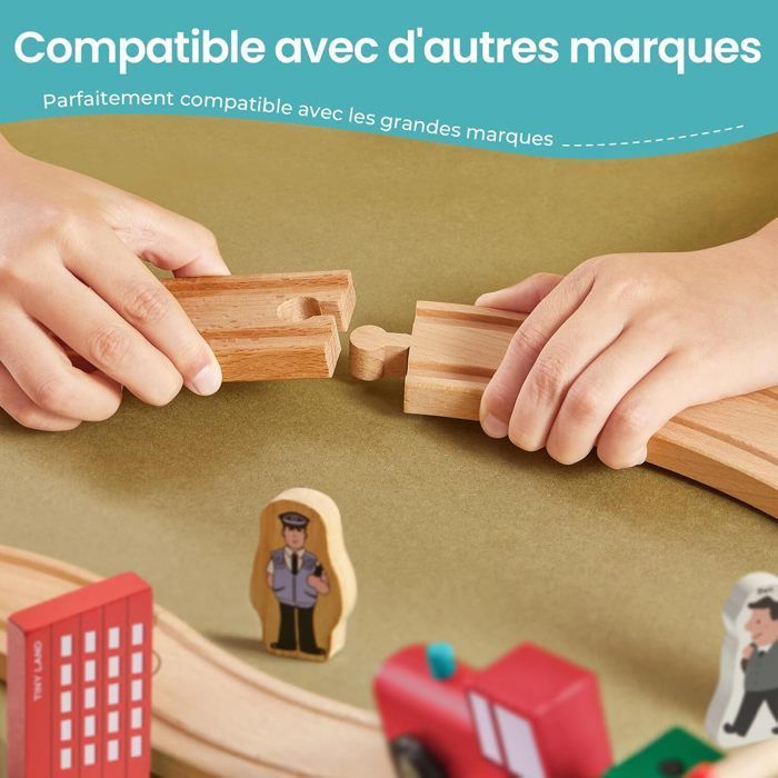 Tren de juguete de madera - 39 piezas - Con vías, puente y vehículos para niños de 3 a 6 años - Compatible con otros trenes