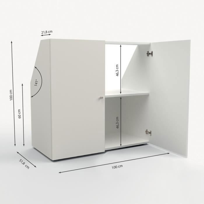 Storage unit under a sloping ceiling with 2 doors, white - H. 100 x W. 51.8 x D. 100 cm