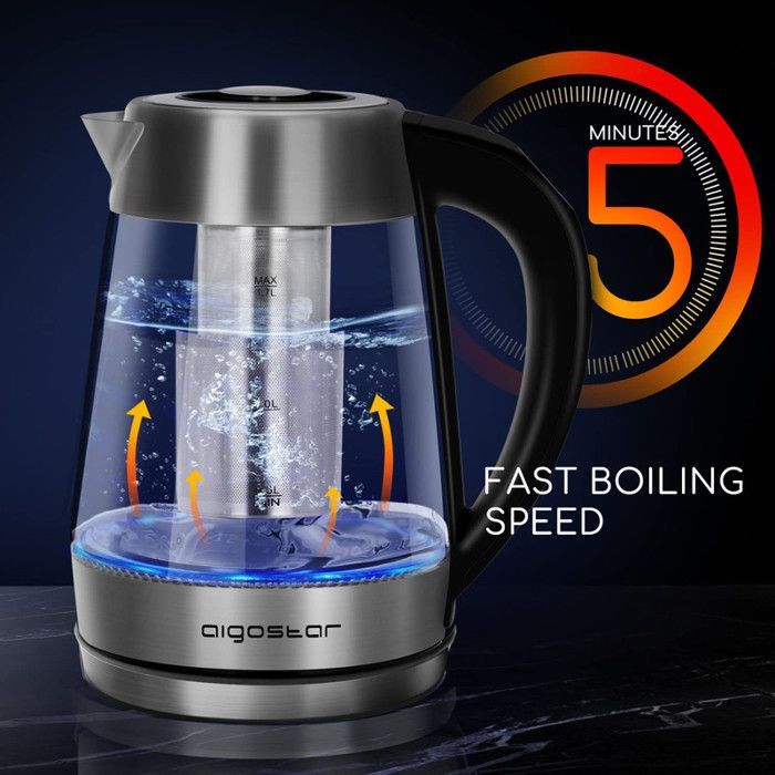 Chaleira Aigostar Cris com infusor de chá removível, 1,7L em vidro borossilicato, 2200W, cores LED