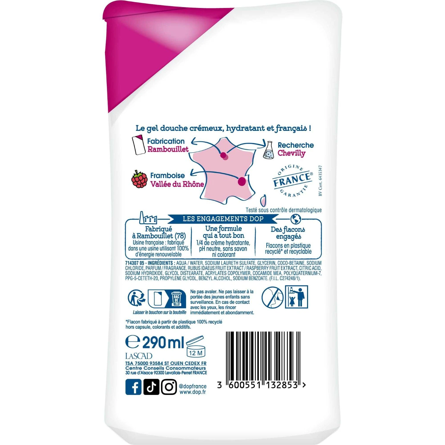 DOP Gel douche Crème Parfum Framboise de laVallée du Rhône 290ml