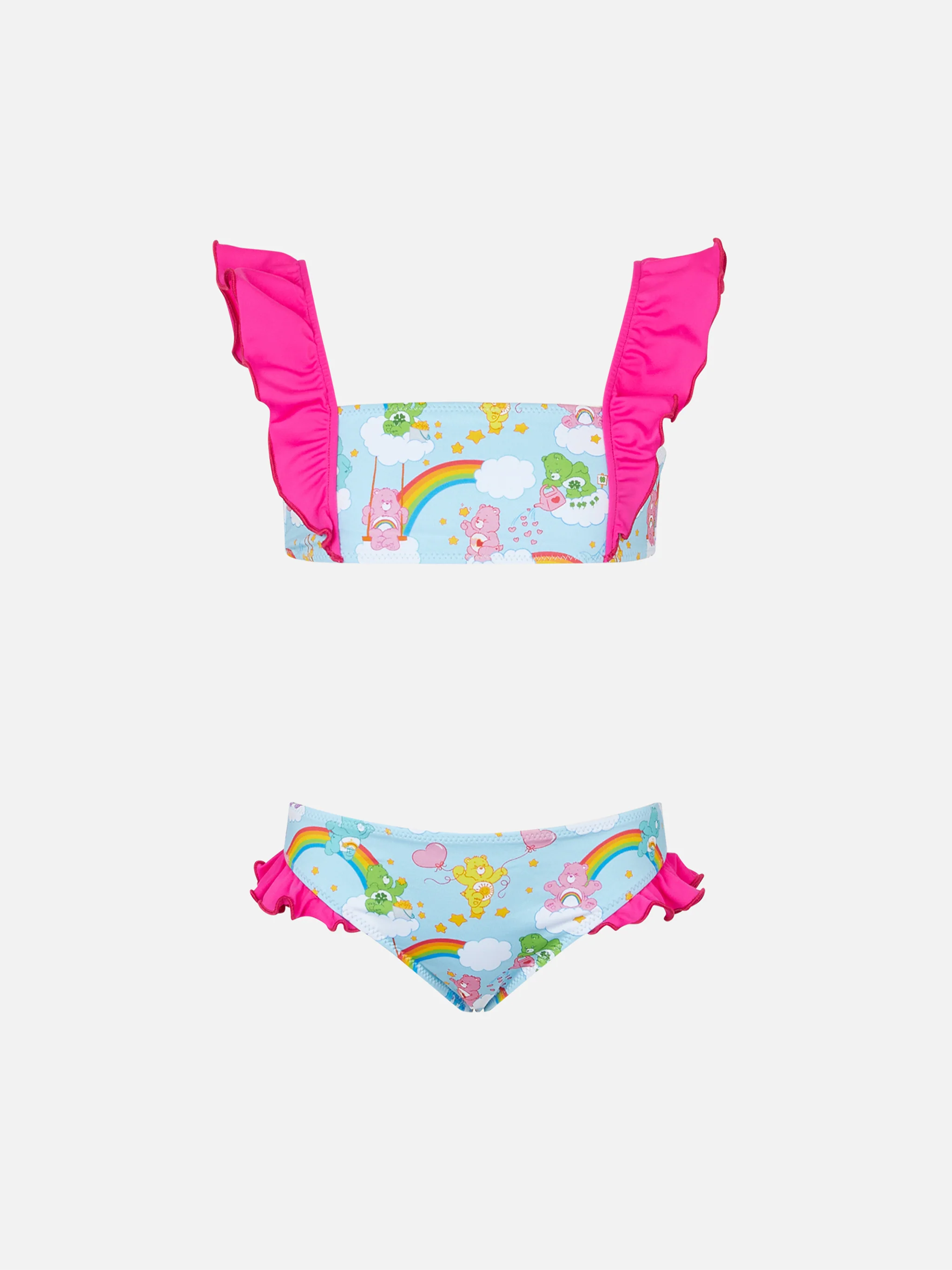 Bandeaubikini voor meisjes met ruches en een print van een teddybeer.