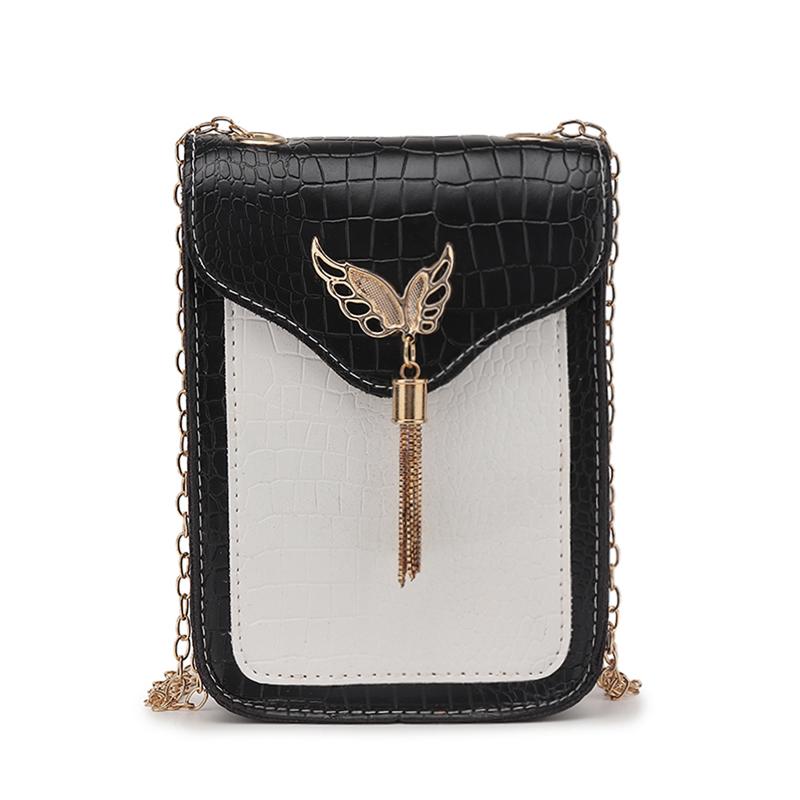 Sac bandoulière tendance pour femme, motif crocodile, avec chaîne et pompon, petit format, en PU, pochette pour téléphone portable