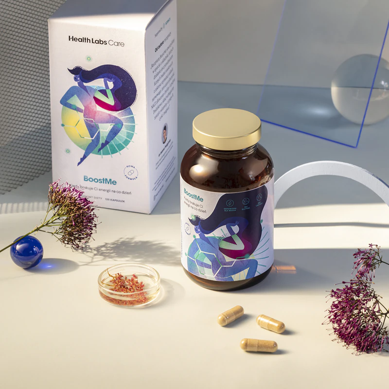 Cápsulas de suplemento alimentar Health Labs Care BoostMe para garantir o equilíbrio mental e físico.